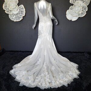 NWT~$1599~MON CHERI~8/10~IVORY LACE MERMAID FIT & FLARE WEDDING DRESS GOWN